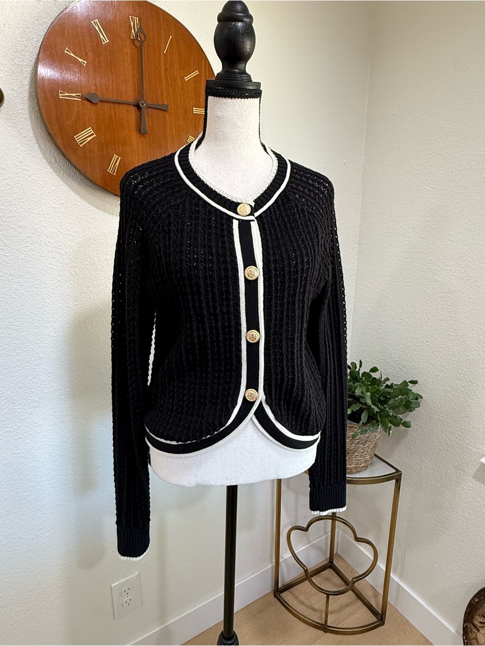Lucky Brand Black Cream Open Knit Cardigan Gold Buttons Size Small